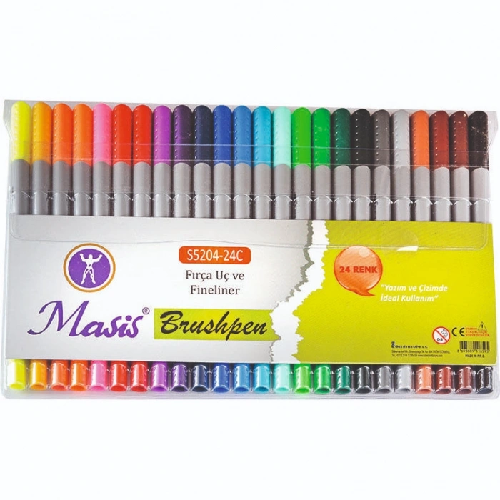 Masis Brushpen Çift Uçlu Fırça Uç + Fineliner Kalem 24 Renk