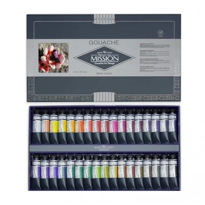 Mijello Mission Titanium Class Pigment Tüp Guaj Boya Seti 15 ml. x 34 Renk