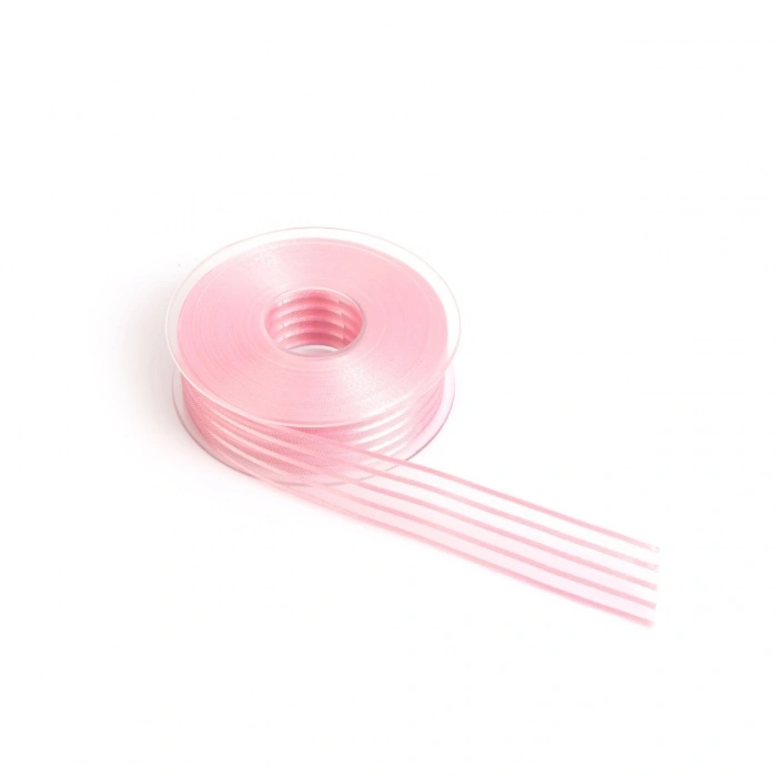 Pembe Saten Çizgili Şifon Kurdele