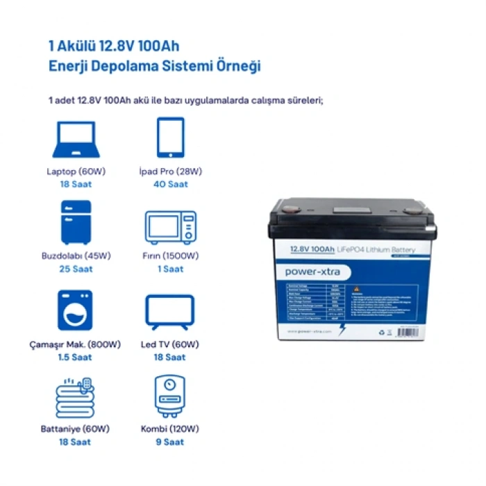 Power-Xtra 12.8V 100Ah Lifepo4 Lityum Akü - Ekranlı