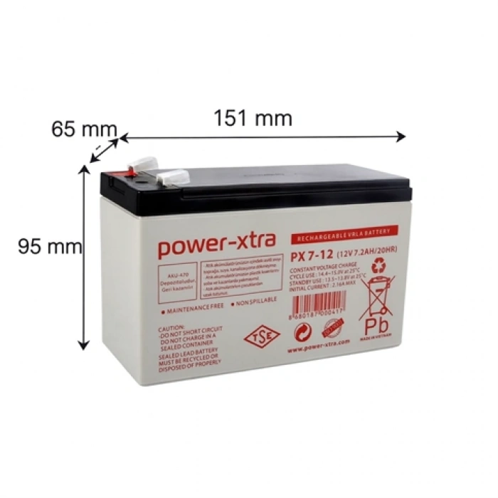 Power-Xtra PX7-12(28W) - 12V 7 Ah Bakımsız Kuru Akü - F2
