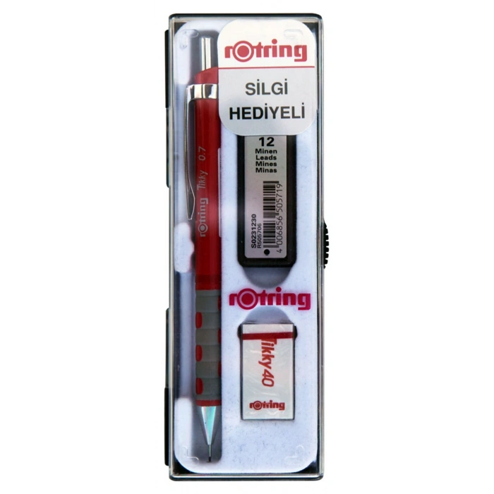 Rotring Tikky Versatil Kalem + Min + Silgi Okul Seti 0.7 mm KIRMIZI