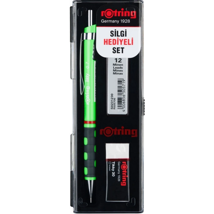 Rotring Tikky Versatil Kalem + Min + Silgi Okul Seti 0.7 mm NEON YEŞİL