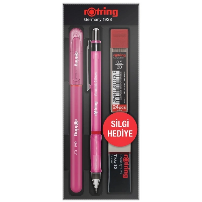 Rotring Visuclick Versatil Kalem + Jel Kalem + Min + Silgi Okul Seti 0.5 mm PEMBE