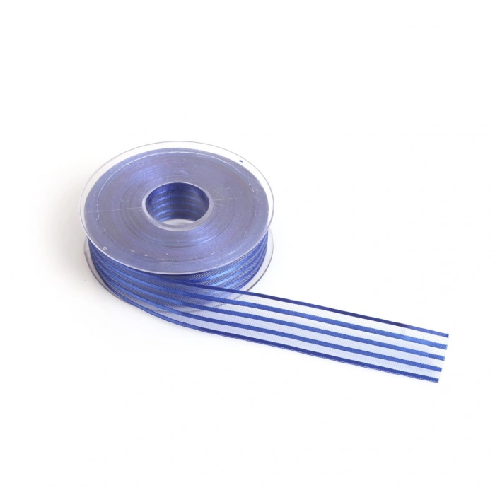 Saks Mavi Saten Çizgili Şifon Kurdele