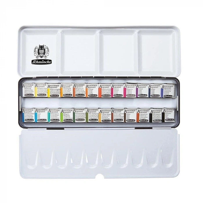 Schmincke Akademie Aquarell Taş Tablet Sulu Boya Seti Yarım Tablet 24 Renk Metal Kutu
