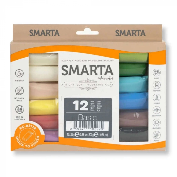 Smarta Hava İle Kuruyan Modelleme Hamuru 25 gr 12li Basic Renkler