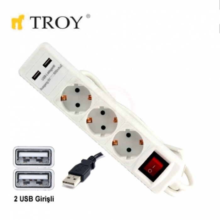 Troy 24023 USB Girişli Üçlü Grup Priz ve Uzatma Kablosu