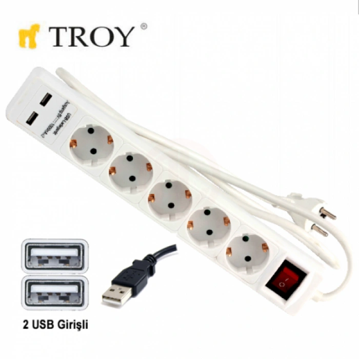 Troy 24025 USB Girişli Beşli Grup Priz ve Uzatma Kablosu