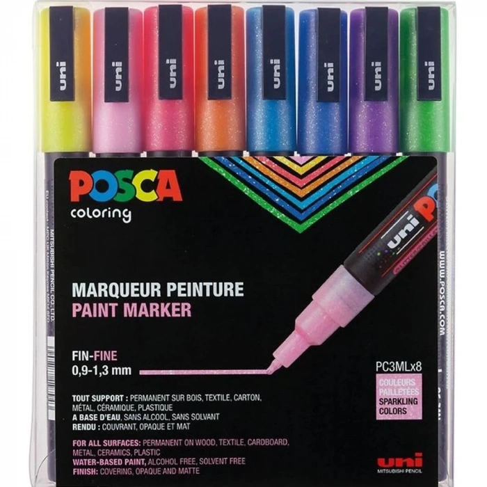 Uni-Ball Posca 0.9-1.3 Su Bazlı Poster Markörü Simli 8 Li PC-3M/8C
