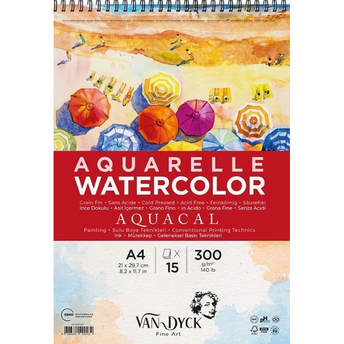 Van Dyck Aquacal Cold Pres İnce Dokulu Spiralli Sulu Boya Defteri Blok 300 gr. A4 15 yaprak