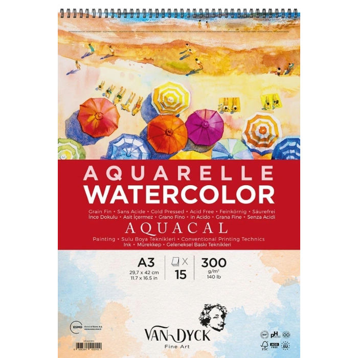 Van Dyck Aquacal Cold Pres İnce Dokulu Spiralli Sulu Boya Defteri Blok 300 gr. A3 15 yaprak