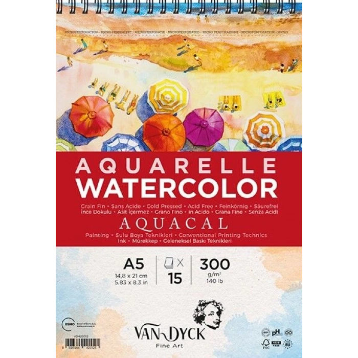 Van Dyck Aquacal Cold Pres İnce Dokulu Spiralli Sulu Boya Defteri Blok 300 gr. A5 15 yaprak
