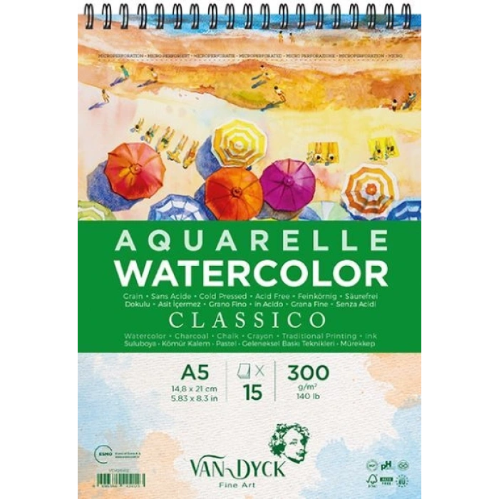Van Dyck Classico Cold Pres Spiralli Sulu Boya Defteri Blok 300 gr. A5 15 yaprak