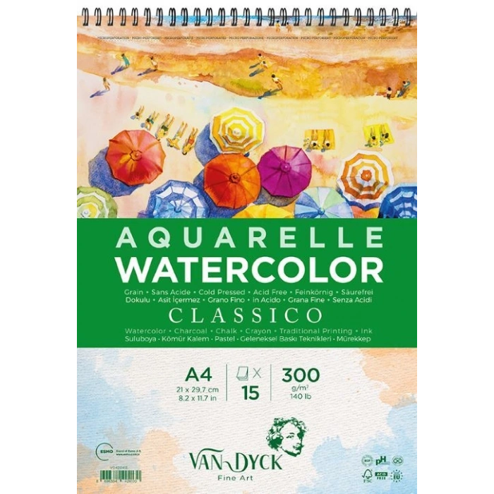 Van Dyck Classico Cold Pres Spiralli Sulu Boya Defteri Blok 300 gr. A4 15 yaprak