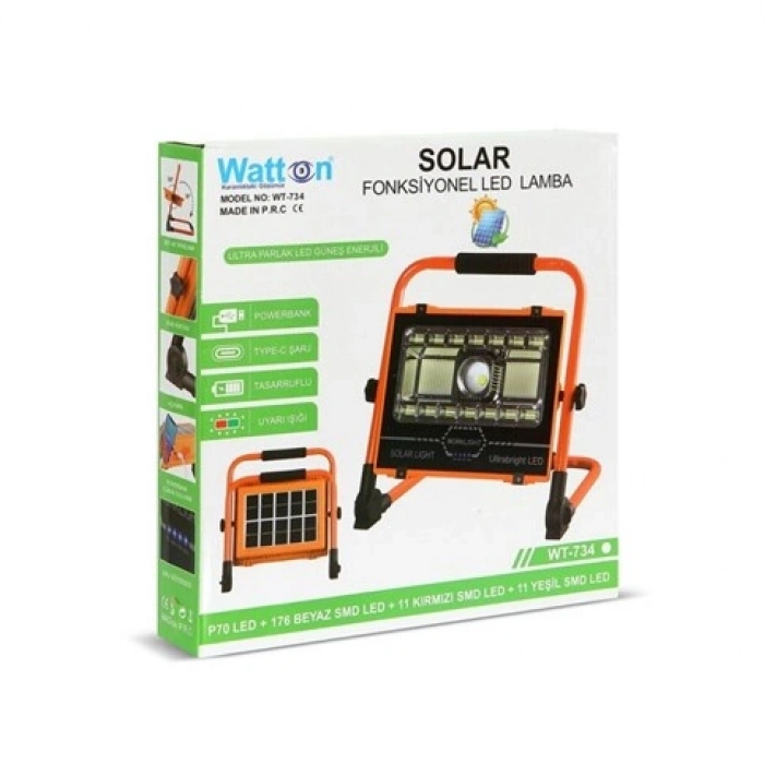 Watton WT-734 P70 LED Solar Panel Şarjlı Taşınabilir Projektör