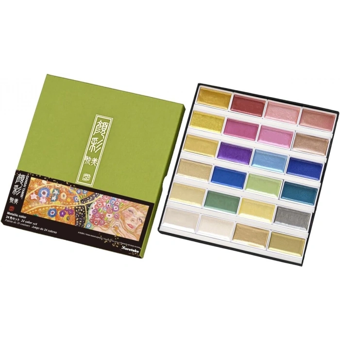 Zig Kuretake Gansai Tambi Metallic Colors Yaldız Tablet Sulu Boya Seti 24 Renk Set 1