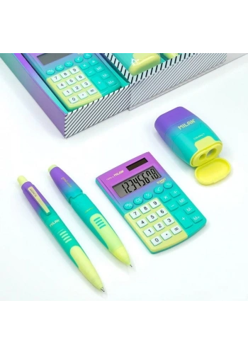 Milan Hediyelik Hesap Makinesi Tükenmez ve Kurşun Kalem Kalemtraş Set Sarı Yeşil