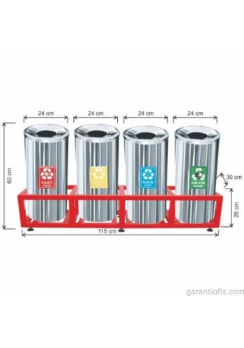 Garanti Metal 1812 Kafesli Paslanmaz Çelik 4 lü Geri Dönüşüm Çöp Kovası