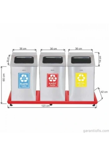Garanti Metal 1814 Bazalı Mat Paslanmaz Çelik 3 lü Geri Dönüşüm Çöp Kovası