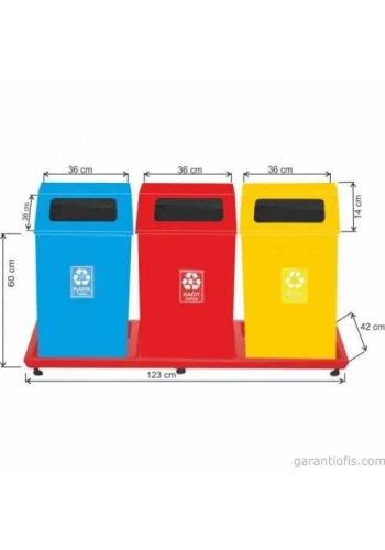 Garanti Metal 1821 Boyalı Bazalı 3 lü Geri Dönüşüm Çöp Kovası
