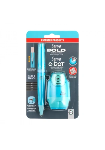 SERVE BOLD VERSATİL KALEM+SİLGİ+KALEMTRAŞ SETİ 07 FOSFORLU MAVİ (SV-BE)