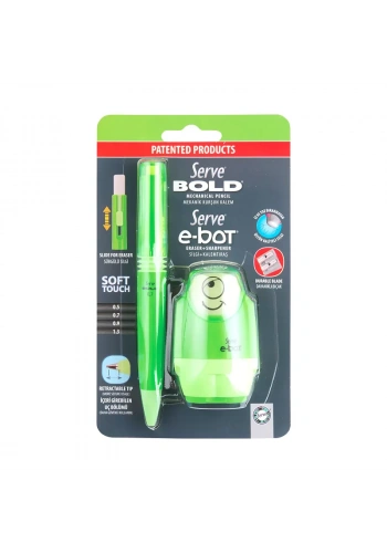 SERVE BOLD VERSATİL KALEM+SİLGİ+KALEMTRAŞ SETİ 07 FOSFORLU YEŞİL (SV-BE)