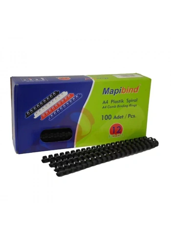 MAPİBİND PLASTİK SPİRAL 12mm SİYAH 100LÜ