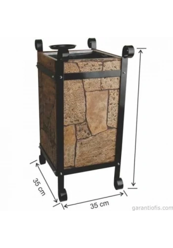 Garanti Metal 2105 Taş Dekorlu Kül Tablalı Kare Ahşap Bahçe Tipi Çöp Kovası (45 Litre)