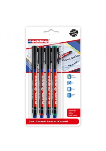 EDDİNG 149M ASETAT KALEMİ 1mm SİLGİLİ KARIŞIK 4LÜ
