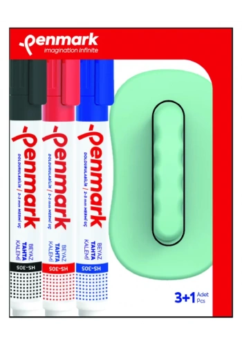 PENMARK HS-305-TK-3S BEYAZ TAHTA KALEMİ SİLGİ HEDİYELİ 3 RENK BLİSTER