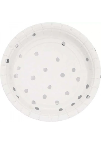 Beyaz Üzeri Gümüş Yaldız Puanlı Küçük Tabak 8 Adet