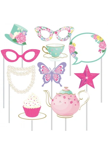 Çay Partisi Çiçekli Selfie  Aksesuarı 10 Adet