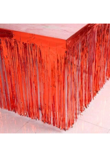 Metalik Kırmızı Püsküllü Masa Eteği 70*300 cm