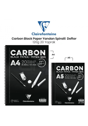 Clairefontaine Carbon Black Paper Yandan Spiralli 120g 20 Yaprak