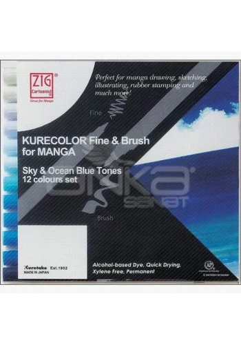 Zig Kurecolor Fine & Brush for Manga 12li Set Blue Tones