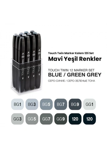 Touch Twin Marker Kalem 12li Set Mavi Yeşil Renkler