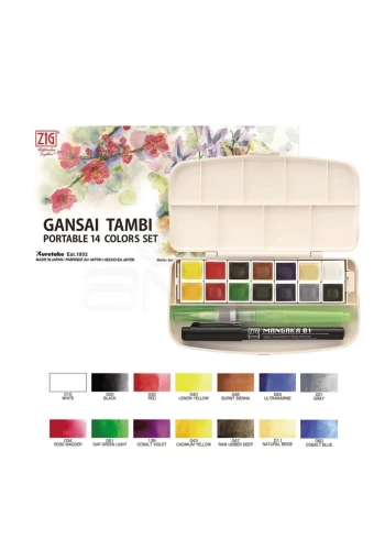 Zig Gansai Tambi Portable Set 14lü + Su Hazneli Fırça + 0.1mm Mangaka