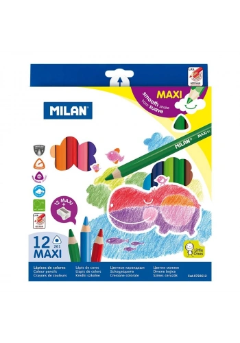 MILAN 722612 MAXI ÜÇGEN KURUBOYA +KALEMTRAŞ (5MM UÇ) - 12RENK