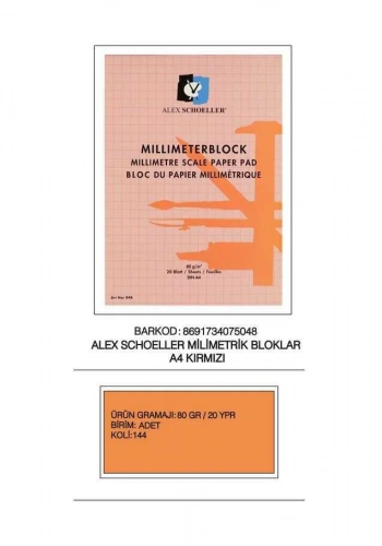 Alex Schoeller Millimetrik Blok A4 20 Yaprak 80 gr Kırmızı