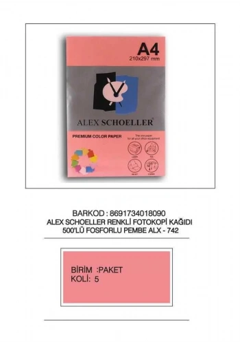 Alex Schoeller  Fotokopi Kağıdı Fosforlu Pembe A4 500lü 742