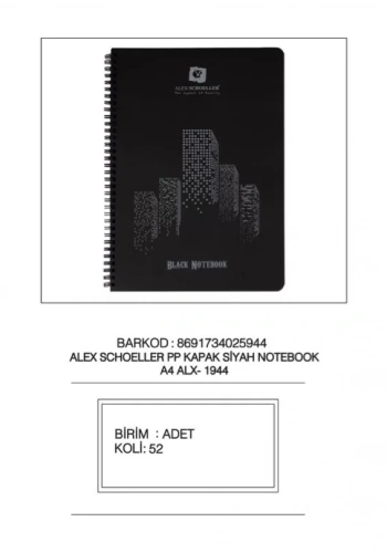 ALEX A4 60 YP SPR PP KAPAK SİYAH DEFTER ALX-1944