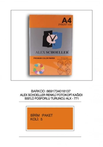 ALEX A4 FOSFORLU TURUNCU FOTOKOPİ KAĞIDI 500 LÜ ALX-771
