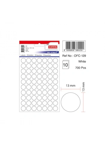 TANEX OFC-129 13 mm BEYAZ OFİS ETİKETİ YUVARLAK