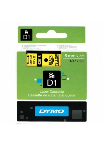 DYMO 43618 Sarı/Siyah D1 Yedek Şerit (6 mm x 7 mt) Sarı Etiket Üzerine Siyah Yazar