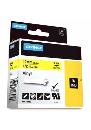 DYMO RhinoPRO 18432 Sarı/Siyah Renkli Vinil Şerit 12 mm x 5,5 mt