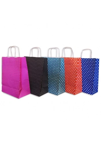 Büküm Saplı Kağıt Çanta (Puantiyeli) (En:20,Boy:22,Dip:10 Cm)