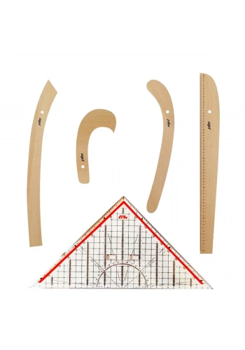FDM 5 Parça Set - 4 Parça Ahşap Riga Seti ve Modelist Gönyesi - Riga Takımı - Dikiş Seti Cetvel