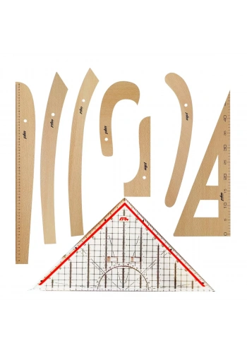 FDM 8 Parça Set - 7 Parça Ahşap Riga Seti ve Modelist Gönyesi - Riga Takımı -Dikiş Seti Cetvel