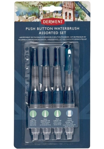 Derwent Push Button Waterbrush Akış Kontrollü Su Hazneli Sulu Boya Fırçası Seti 4 Boy